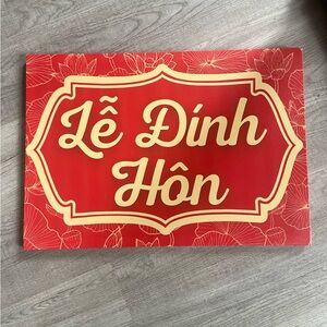 Red and Gold Le Dinh Hon Vietnamese Engagement Wedding Sign for Entryway